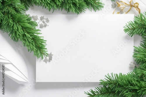 Christmas background with fir tree and christmas decoration elements. Top view with copy space