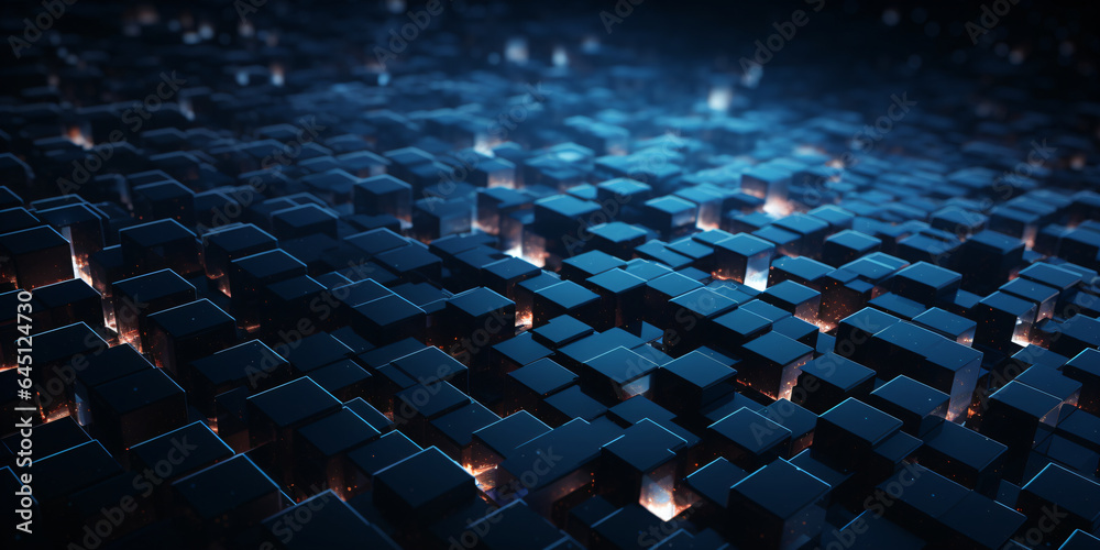 Naklejka premium Abstract dark blue background with glowing cubes. 