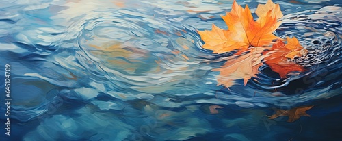 painting illustration top view perspective of orange yellow maple leaves drop in water with ripple motion,
