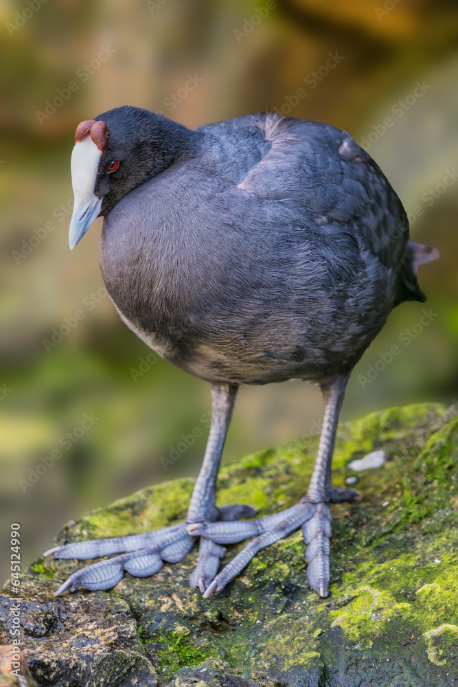Red-knobbed coot standing on stone with blurred background, Cape Town, South Africa Red-knobbed coot standing on stone with blurred background, Cape Town, South Africa