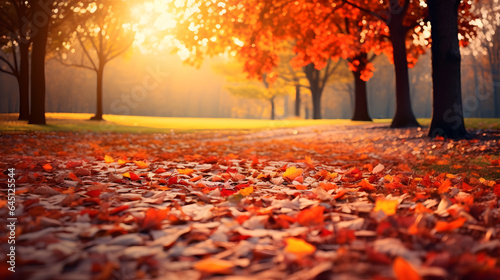 Autumn landscape with bright colorful leaves on the ground in the park