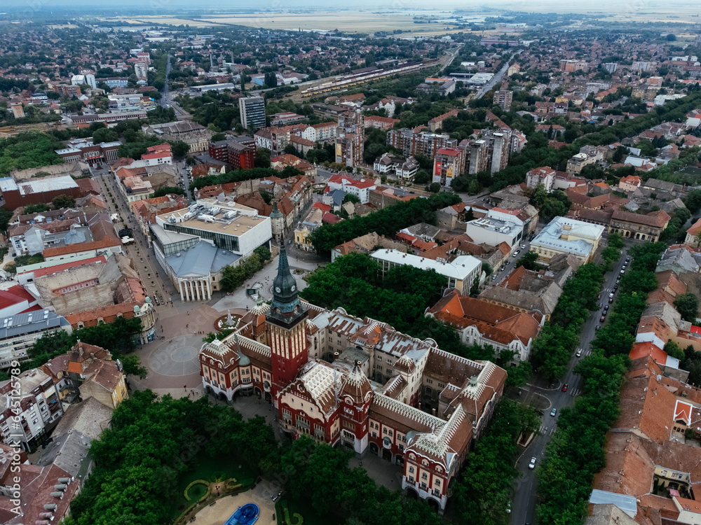 Drone view of Subotica's downtown and city hall. Europe, Serbia.