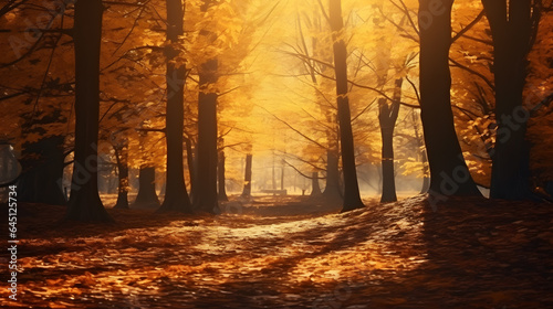 Autumn forest in the rays of the setting sun