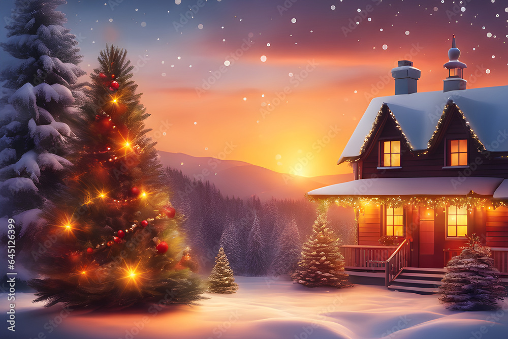 fabulous winter landscape: a cozy house in the forest and a decorated Christmas tree