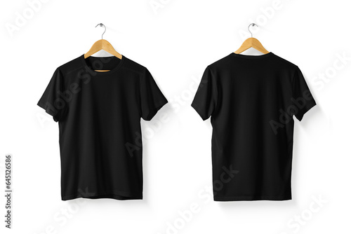 Black T-Shirt Mock-up on wooden hanger, front and rear side view.  Isolated on a transparent background, PNG. High resolution.