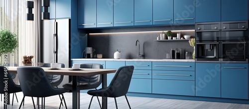 blue kitchen in a house with beautiful design.