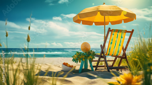 Beach chair with yellow umbrella and sunflowers on the sandy beach