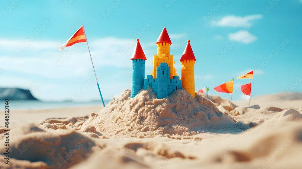 Sand castle with flags on the beach