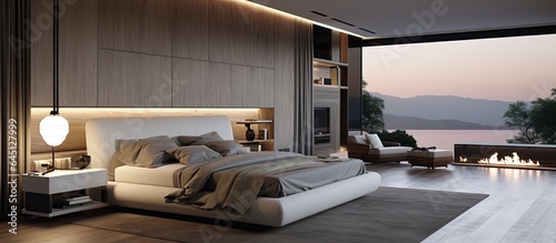 Contemporary bedroom design with professional lighting. Comfortable dwelling place. © Vusal