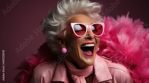 Happy senior woman in trend outfit  sunglasses  laughing and having fun