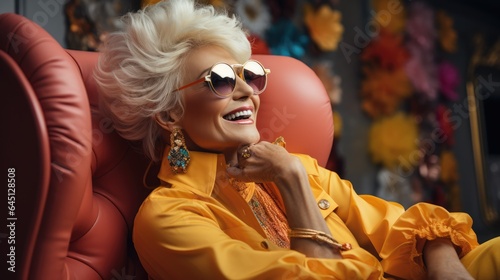 Happy senior woman in trend outfit, sunglasses, laughing and having fun