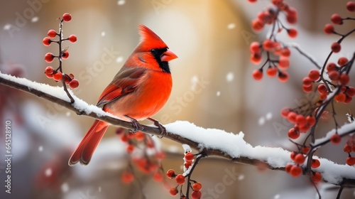 A red cardinal bird on snowy tree branches, framed by an enchantingly blurred background and the tranquil sunlight of the winter and Christmas ambiance. photo