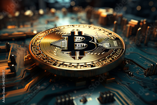 Bitcoin BTC Symbol Münze mit Computer Blockchain Technologie. Generative Ai.