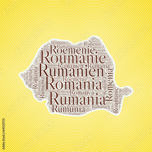 Romania shape formed by country name in multiple languages. Romania border on stylish striped gradient background. Vibrant poster. Superb vector illustration.