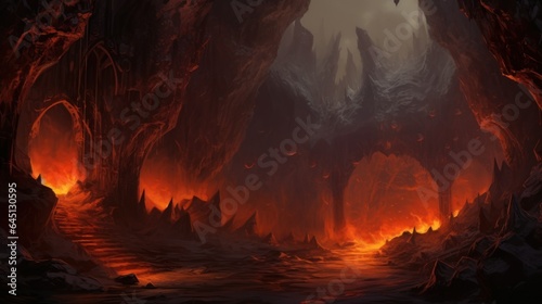 Subterranean chamber with molten lava, stalactites, and the intense heat of an active volcano game art