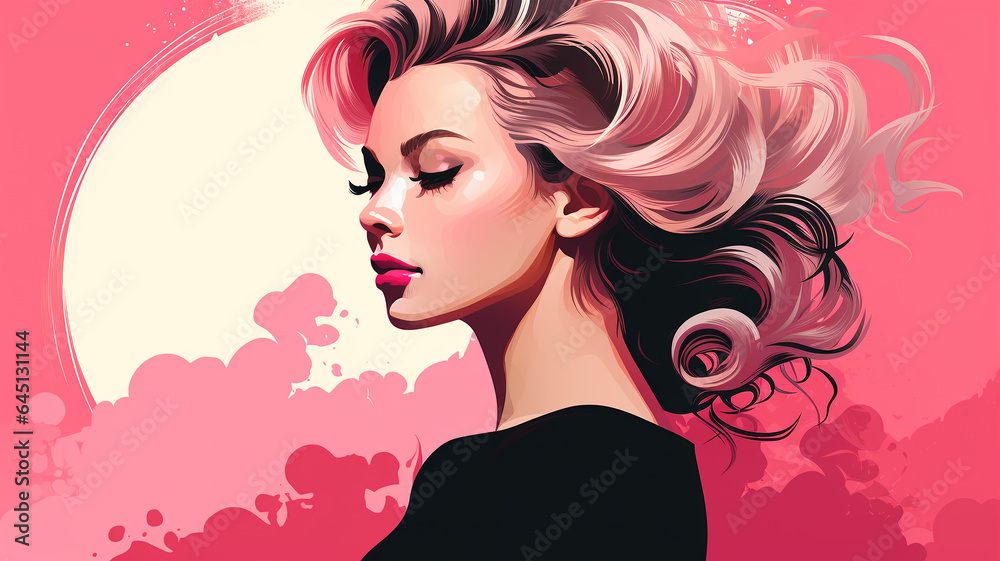 Barbershop logo, pink colors, hair salon, girl with luxurious hair