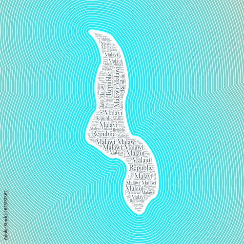 Malawi shape formed by country name in multiple languages. Malawi border on stylish striped gradient background. Vibrant poster. Vibrant vector illustration.