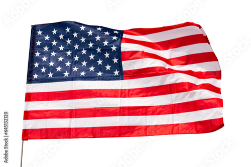Flag of United States with horizontal stripe of red and white, fifty five-pointed stars in blue rectangle, representing fifty states, symbolizing American unity waving on flagstaff. Isolated over