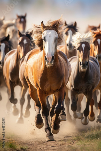 a herd of horses run across the field, steppe. many animals, pets graze. farm or household. strength and speed