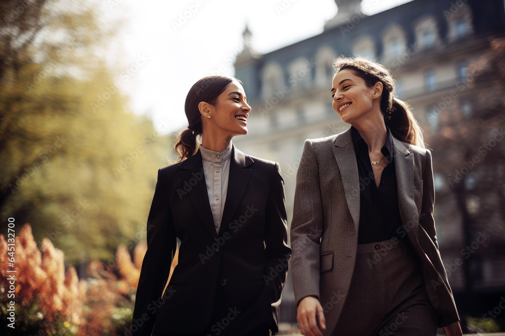 two businesswomen wearing suits walking in the park beside tall buildings two businesswomen wearing suits walking in the park beside tall buildings