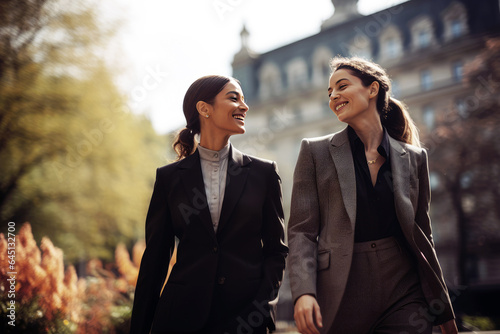 two businesswomen wearing suits walking in the park beside tall buildings