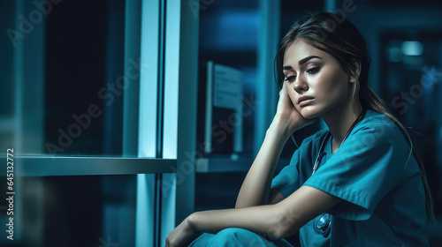 A sad nurse worries alone in an empty medical clinic. Hard work of the nursing staff, sleepless night in emergency surgery.