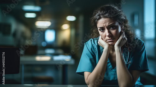A sad nurse worries alone in an empty medical clinic. Hard work of the nursing staff, sleepless night in emergency surgery.