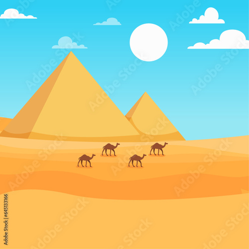 pyramids landscape with caravan of camels  egypt background