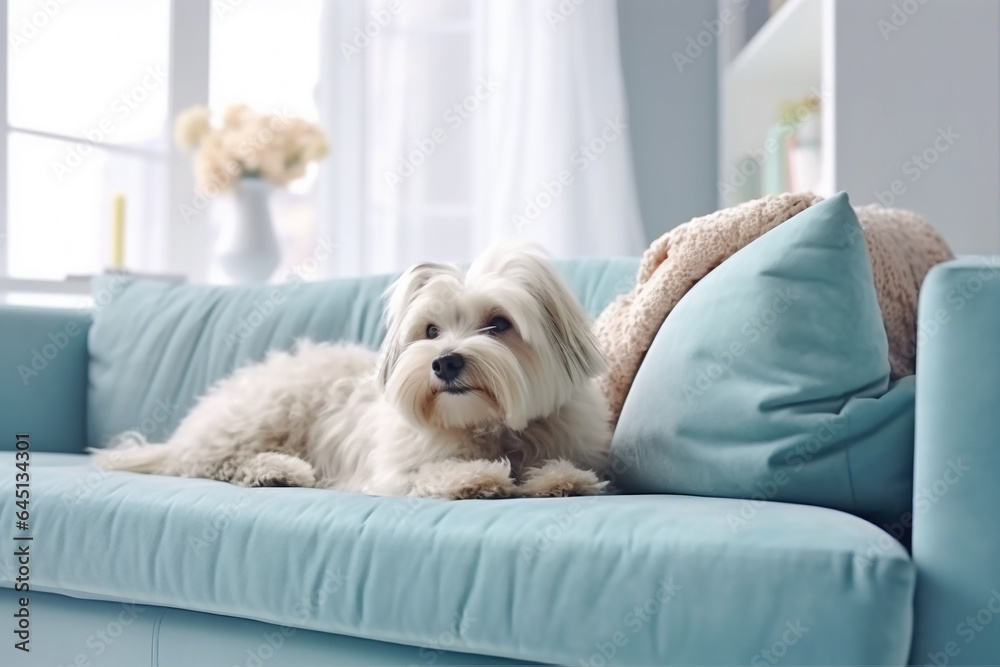 Cute lapdog lying on blue couch at home, white pet dog rests in room Cute lapdog lying on blue couch at home, white pet dog rests in room