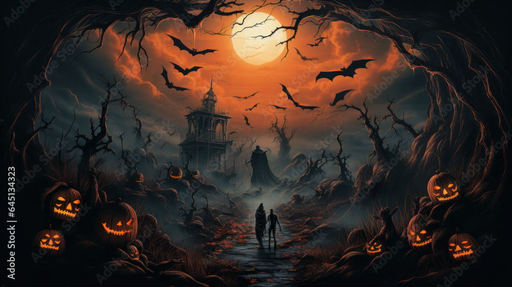 Surreal forest with bats and scary pumpkins on Halloween night, flayer