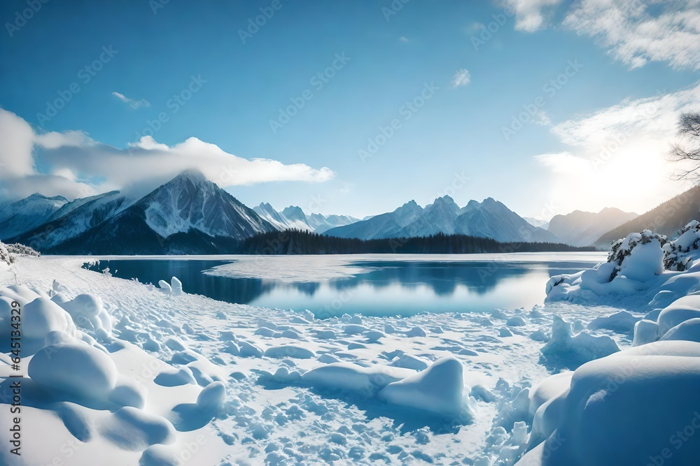 A mountain landscape covered in snow with a frozen lake in the center