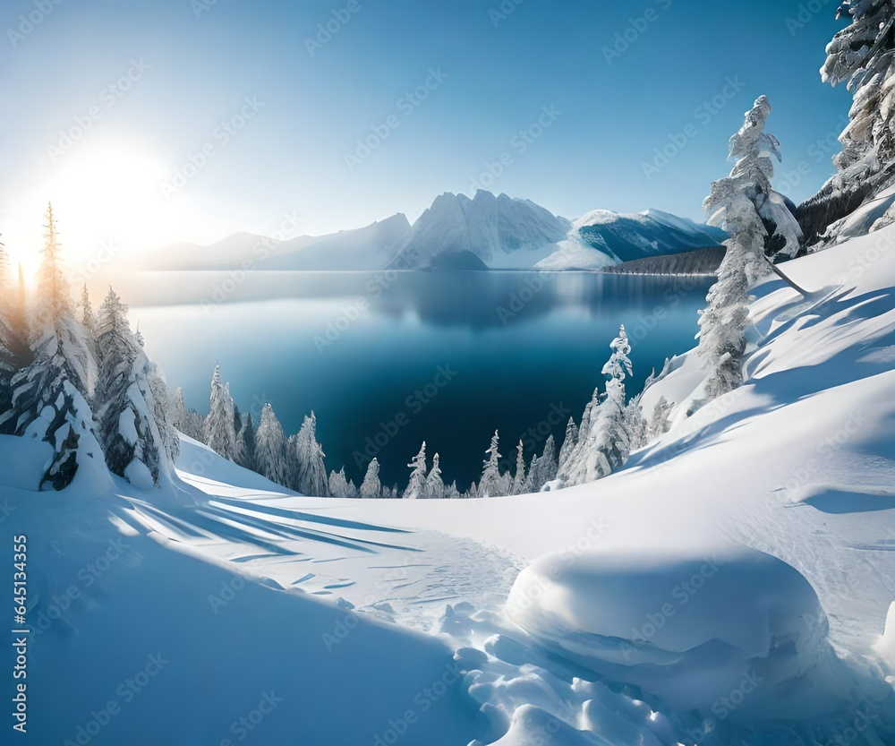 A mountain landscape covered in snow with a frozen lake in the center