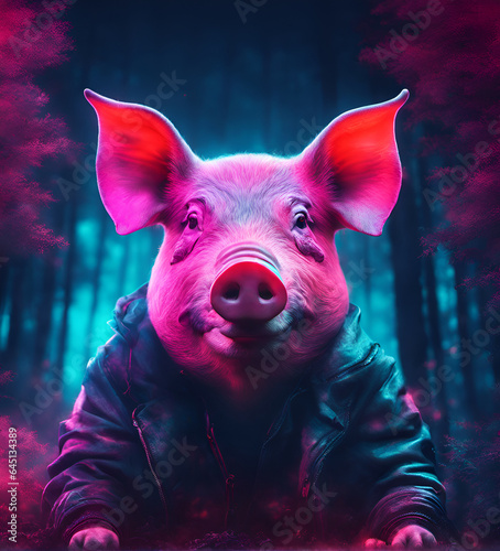 Cyberpunk pig in neon lighting, futuristic photorealistic illustration © Tilra