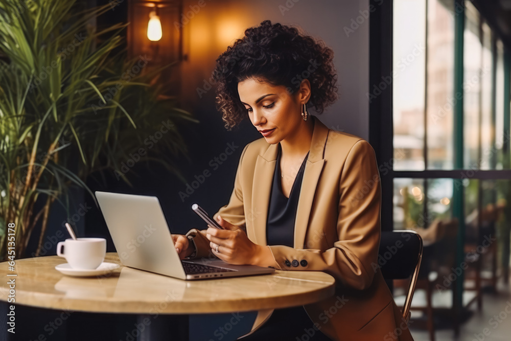 Beautiful young business woman sitting at a coffee shop and working online on her computer. Beautiful young business woman sitting at a coffee shop and working online on her computer.