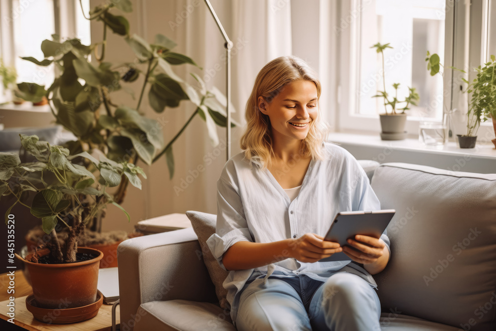 Beautiful young caucasian woman sitting on couch and using a electronic tablet for entertainment Beautiful young caucasian woman sitting on couch and using a electronic tablet for entertainment
