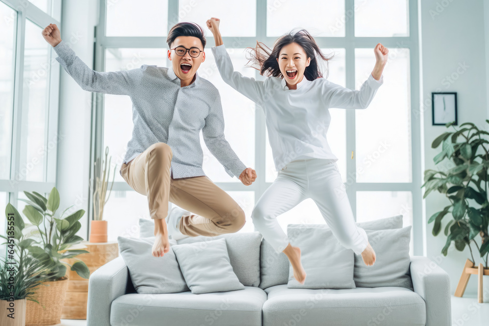 Obraz premium Beautiful young energetic asian couple jumping off sofa in the living room and smiling, young love