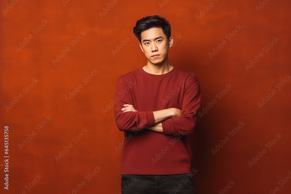 Portrait of handsome asian male looking serious in casual clothes on a colored background Portrait of handsome asian male looking serious in casual clothes on a colored background