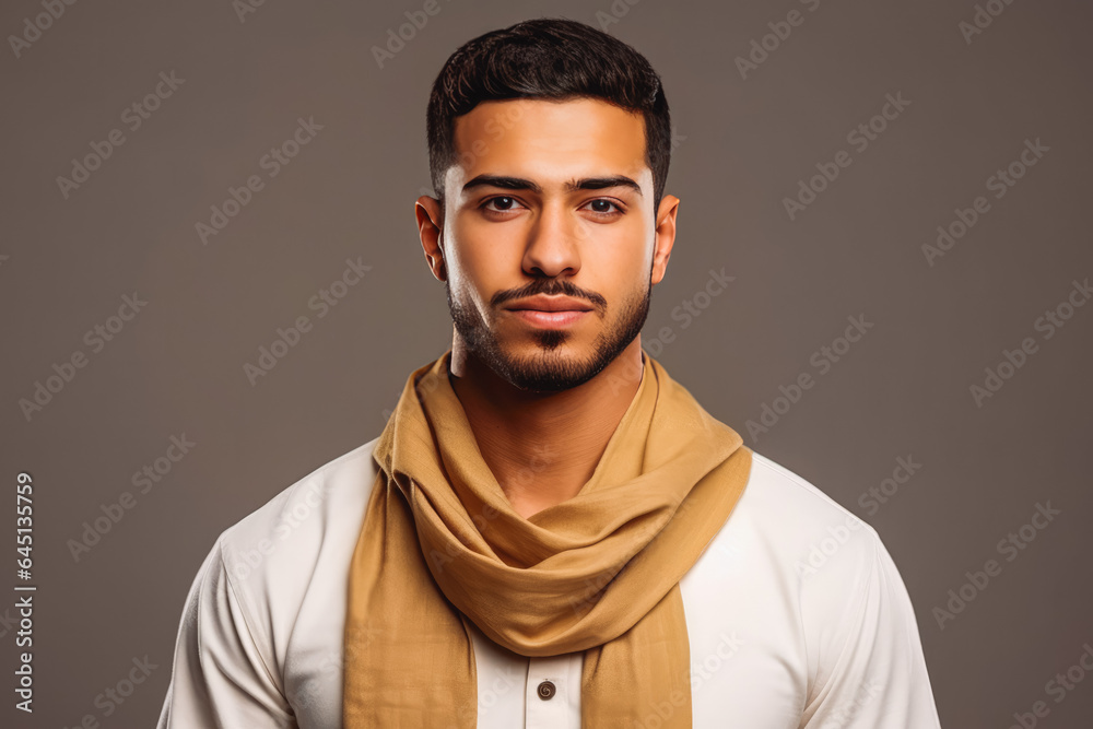 Portrait of handsome arab male looking serious in casual clothes on a colored background Portrait of handsome arab male looking serious in casual clothes on a colored background