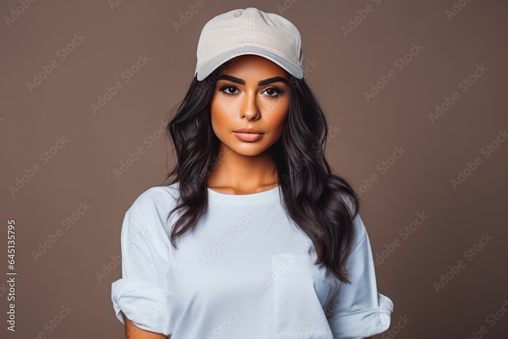Portrait of beautiful latino female looking serious in casual clothes on a colored background Portrait of beautiful latino female looking serious in casual clothes on a colored background