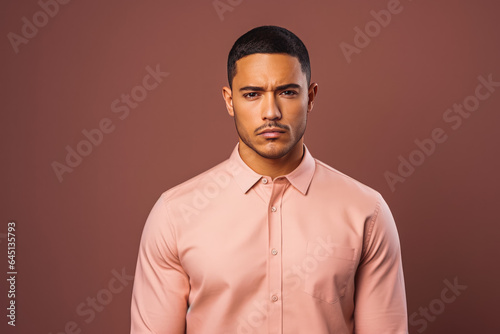Portrait of handsome hispanic male looking serious in casual clothes on a colored background