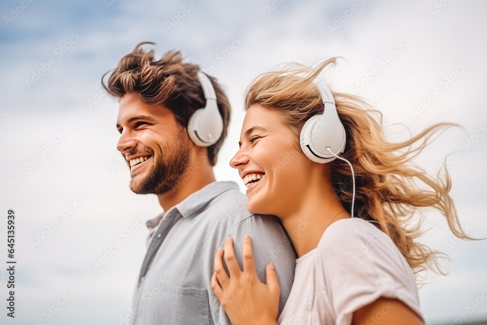 Beautiful young caucasian couple listing to music with headphones and enjoying the music Beautiful young caucasian couple listing to music with headphones and enjoying the music