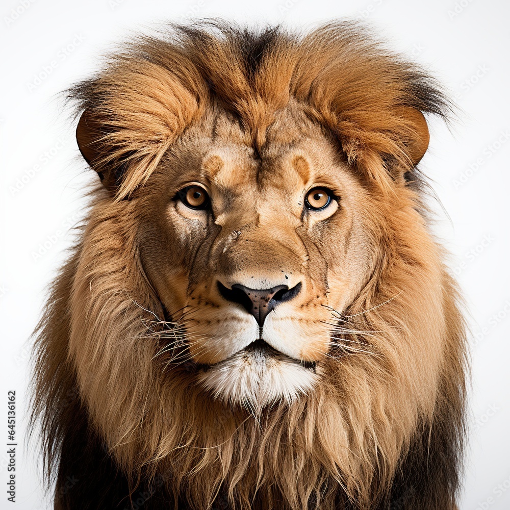 Close-up of lion face in front of white background AI generated image