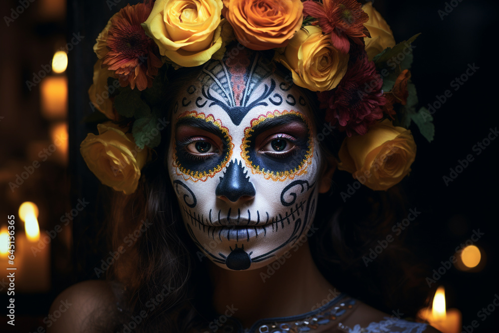 Mujer joven mexicana maquillada para celebrar el Dia de muertos, con flores y calaveras. México. Tradición.