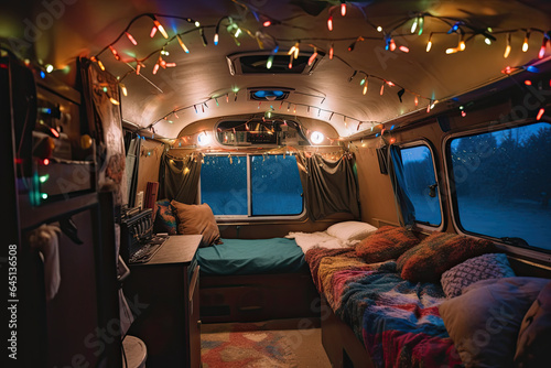 Illustration of a holiday decorated interior of a camper van