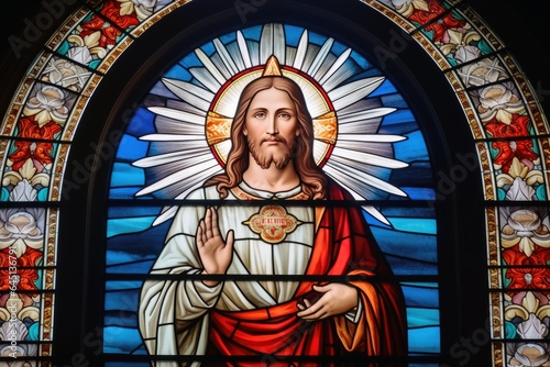 Stained glass of jesus christ savior of the world. photo