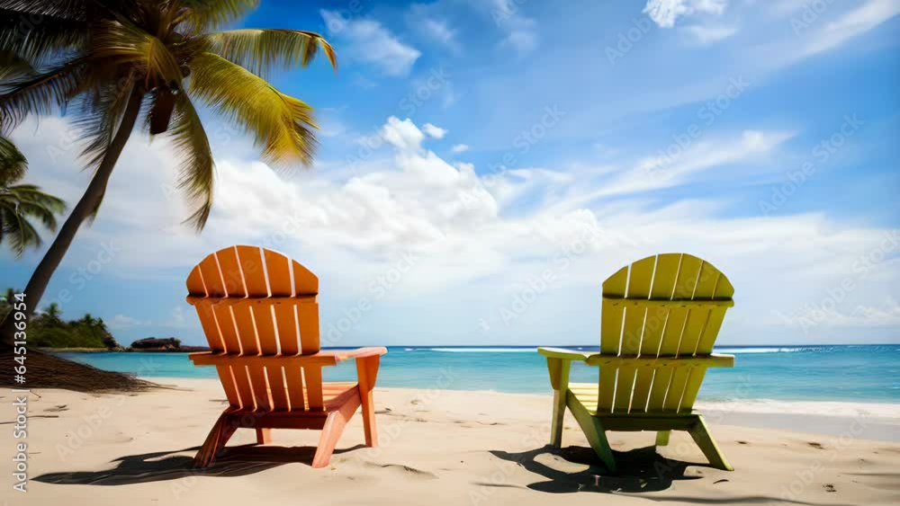 two empty beach chairs shown from behind on a beach on a tropical island, stunning Scenic World Video Landscapes, Generative AI