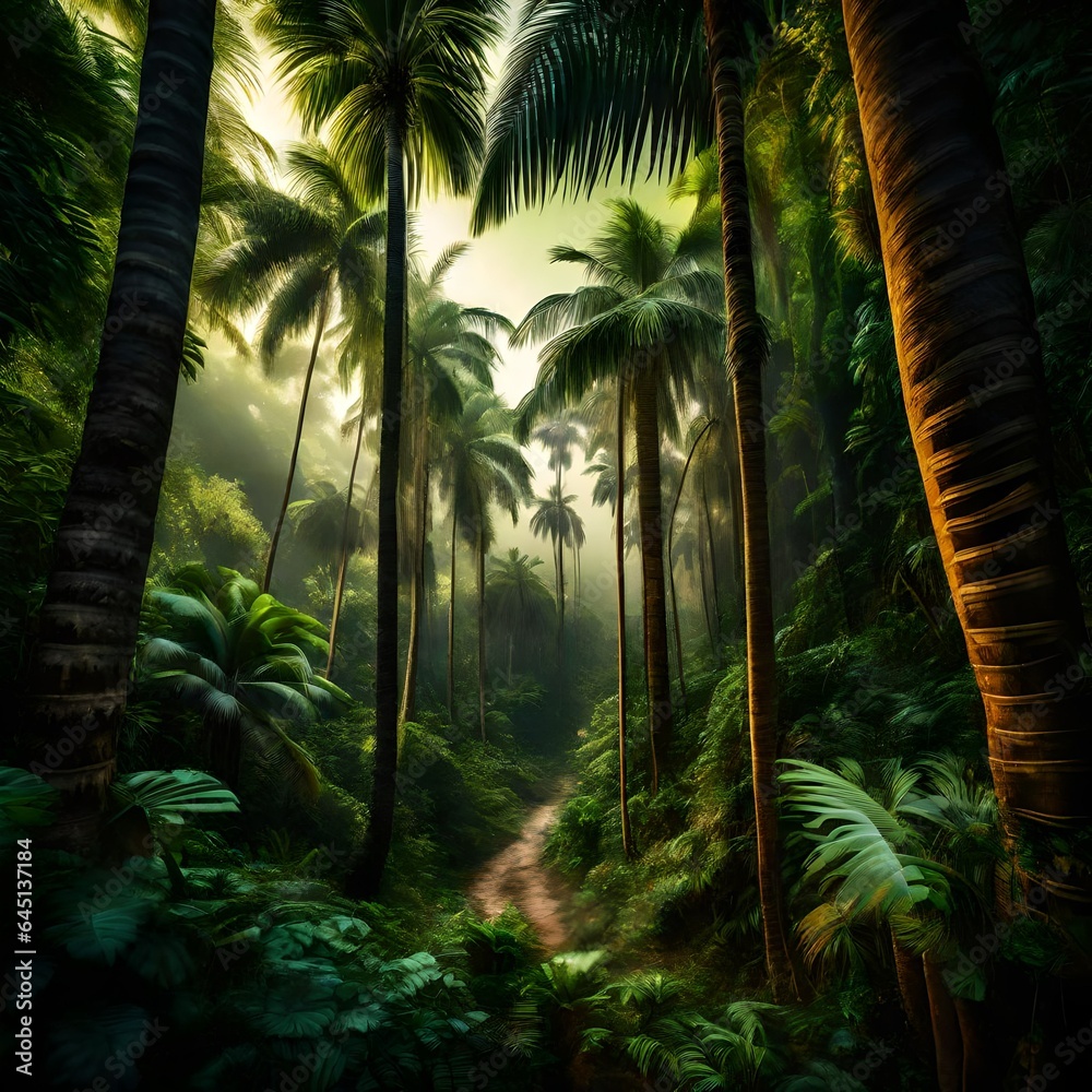 Fototapeta premium A lush tropical forest with tall trees and palm trees