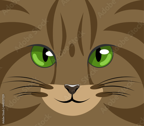 Vector felino, ilustración con la cara de un gato, gato color marrón con ojos verdes, gato mirando de frente, el encanto de los gatos domésticos 