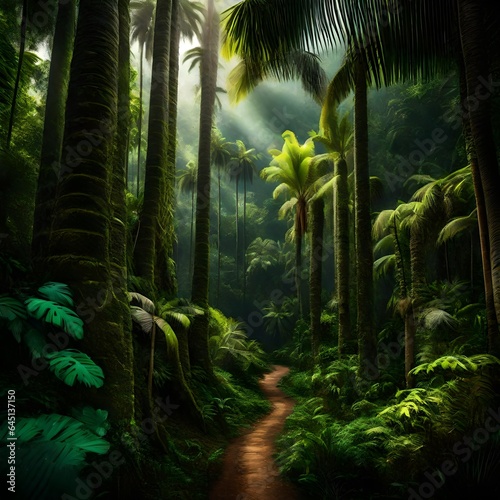 A lush tropical forest with tall trees and palm trees