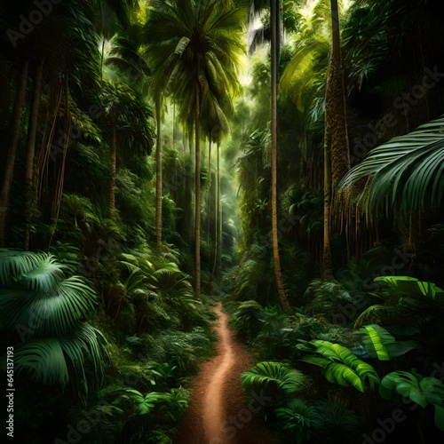 A lush tropical forest with tall trees and palm trees